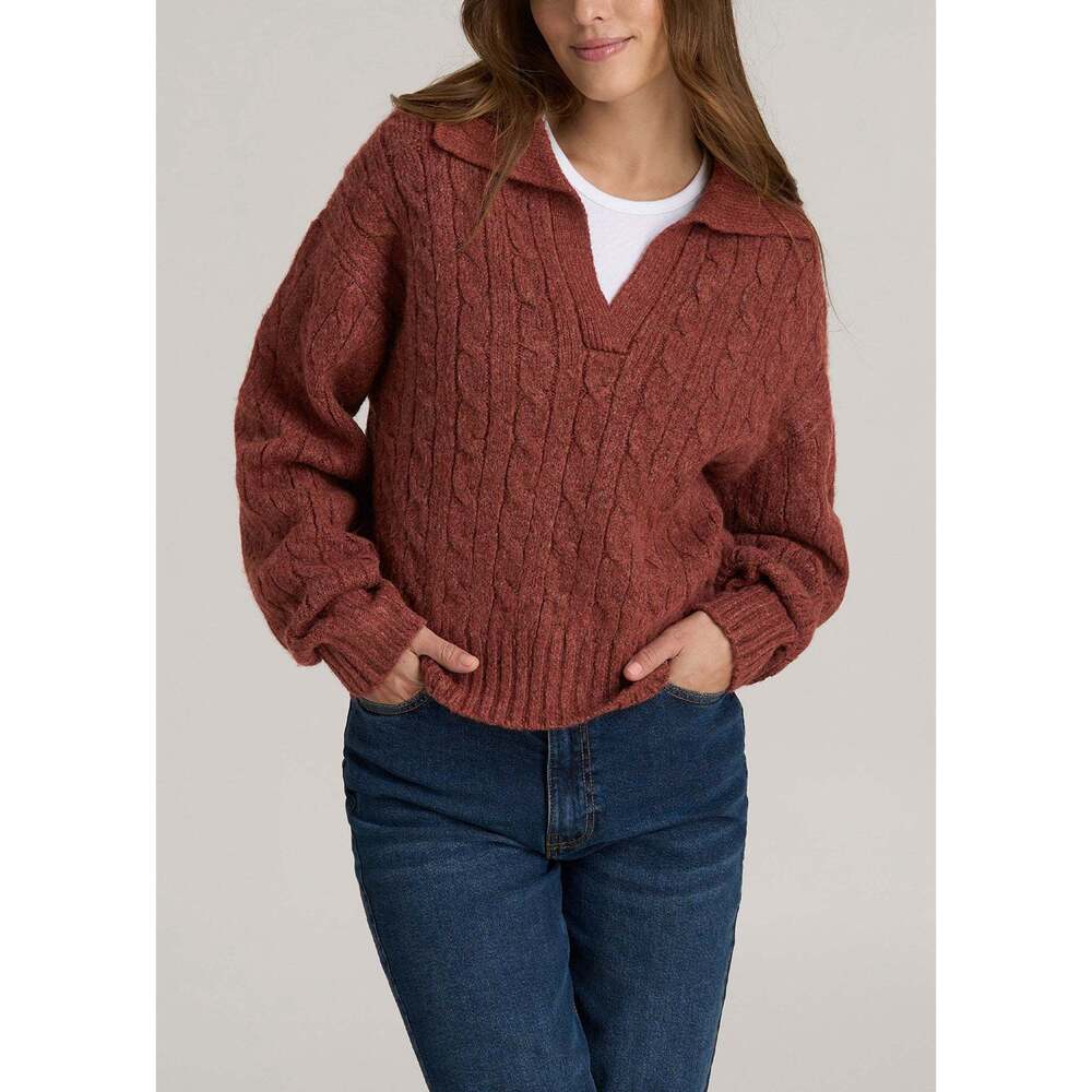 American Tall Johnny Collar Cable Knit Sweater for Tall Women - color: Rust
